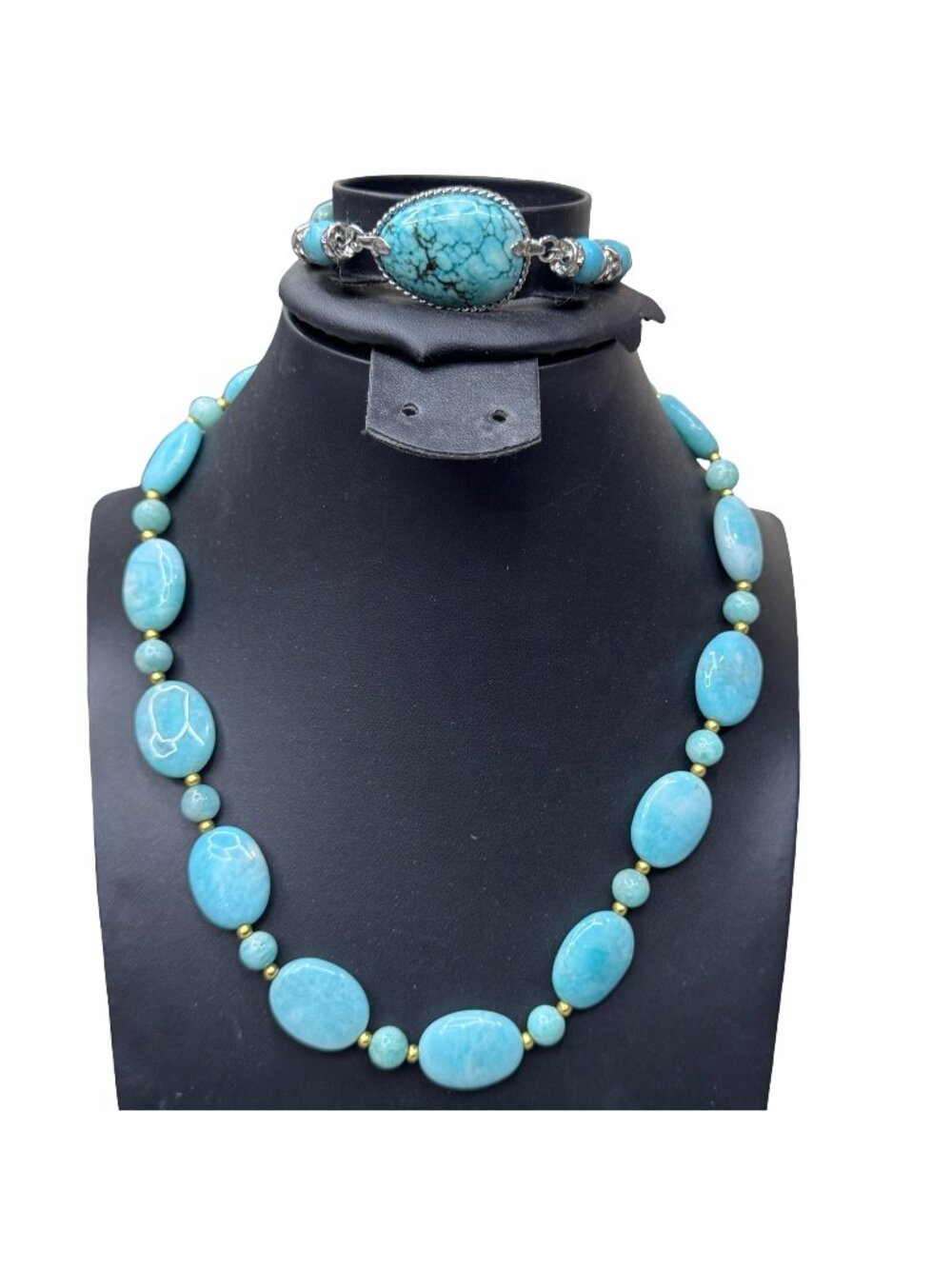 Stauer Turquoise Necklace Bracelet Set Gold Tone Oval Beads Vintage Southwest